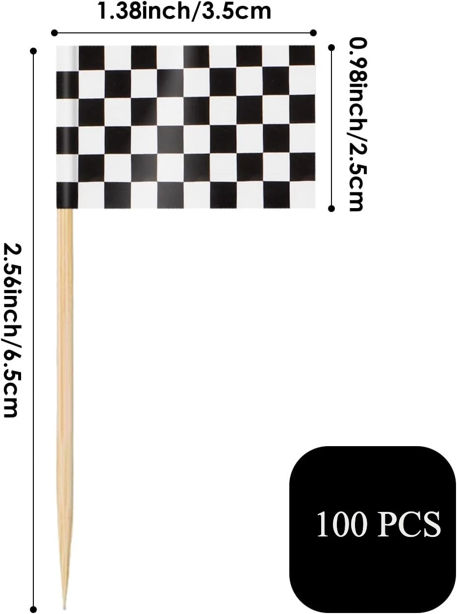 100 Pcs Checkered Racing Flags Toothpick, Black&White Toothpick Flags Cupcake Toppers for Monster Truck Party, Race Car Party